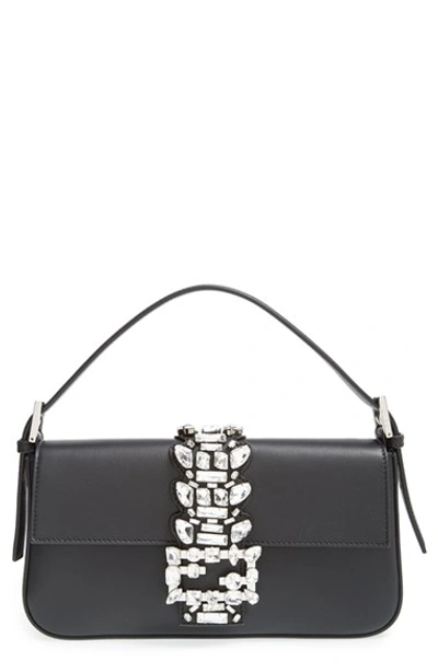 Shop Fendi Crystal Embellished Leather Baguette In Black/ Crystal