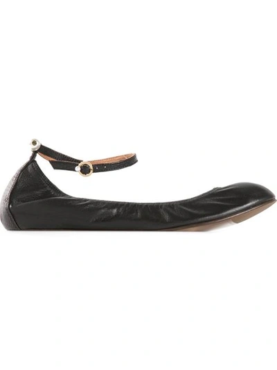 Lanvin Ankle Strap Ballerina Lambskin Flats With Pearls In Black