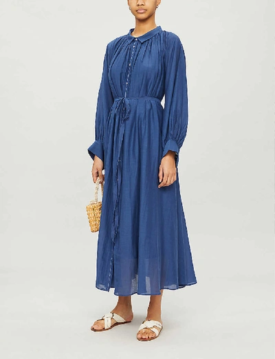 Shop Anaak Cleo Gathered Cotton-blend Midi Dress In Navy