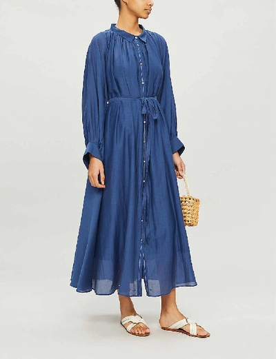Shop Anaak Cleo Gathered Cotton-blend Midi Dress In Navy