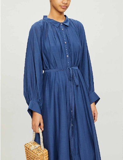 Shop Anaak Cleo Gathered Cotton-blend Midi Dress In Navy