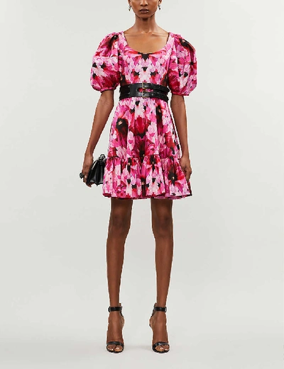 Shop Alexander Mcqueen Abstract Floral-print Cotton-poplin Mini Dress In Orchid Pink