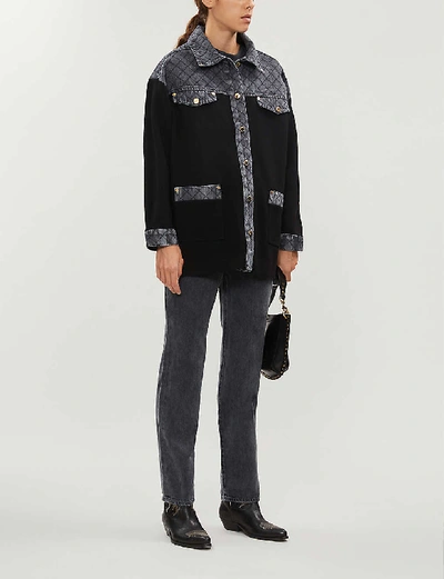 Shop Sandro Denim-panel Knitted Cardigan In Black