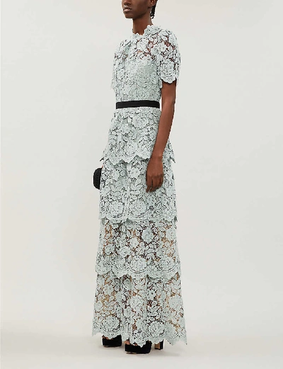 Shop Self-portrait Tiered Floral-lace Maxi Dress In Mint