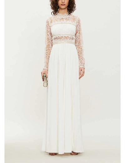 Shop Self-portrait Embellished Lace And Crepe Maxi Dress In Ivory