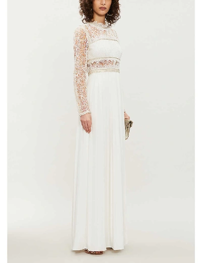 Shop Self-portrait Embellished Lace And Crepe Maxi Dress In Ivory