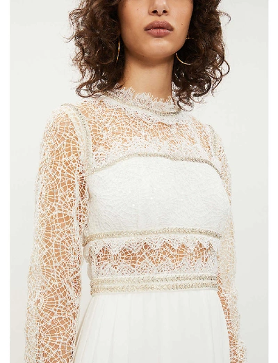 Shop Self-portrait Embellished Lace And Crepe Maxi Dress In Ivory