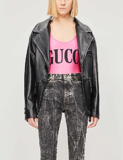 Shop Gucci Women's Bubblegum Black Logo-print Stretch-jersey Body