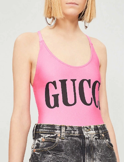 Shop Gucci Women's Bubblegum Black Logo-print Stretch-jersey Body