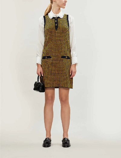 Shop Claudie Pierlot Contrast-trim Houndstooth Wool-blend Dress In Bicolore