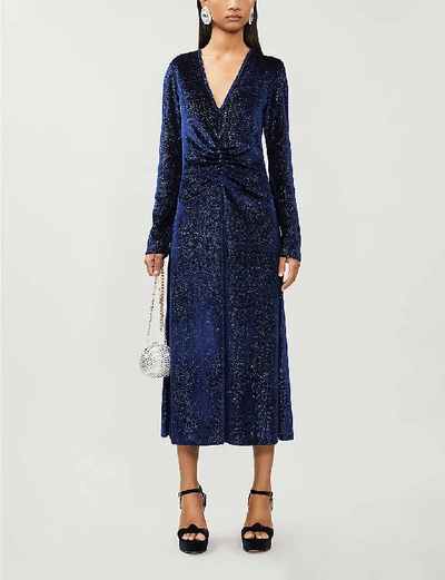 Shop Rotate Birger Christensen Glitter-embellished Velvet Midi Dress In Twilight Blue