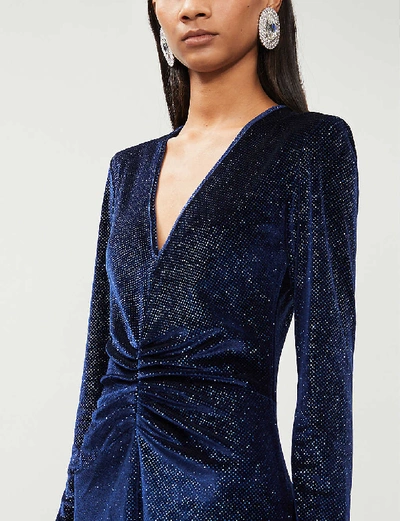 Shop Rotate Birger Christensen Glitter-embellished Velvet Midi Dress In Twilight Blue