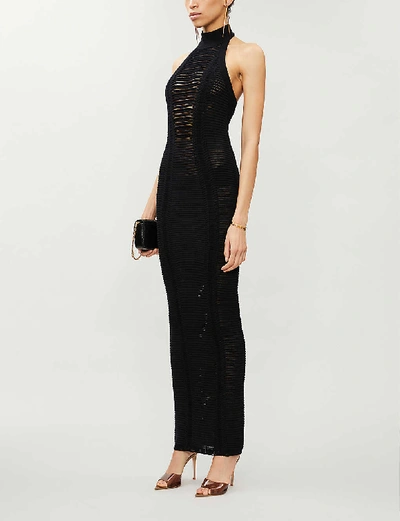 Shop Balmain Ribbed Halter Neck Knitted Maxi Dress In Black