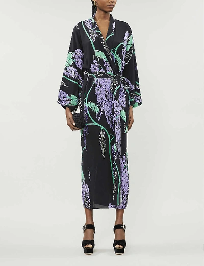 Shop Bernadette Peignoir Long-sleeved Silk-chiffon Maxi Dress In Black+wisteria