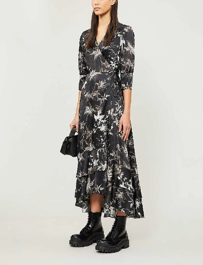 Shop Allsaints Evolution Floral-print Satin Midi Dress In Black