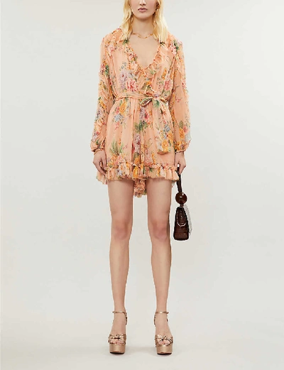 Shop Zimmermann Zinnia Floral-print Silk-georgette Playsuit In Coral+floral