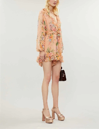 Shop Zimmermann Zinnia Floral-print Silk-georgette Playsuit In Coral+floral