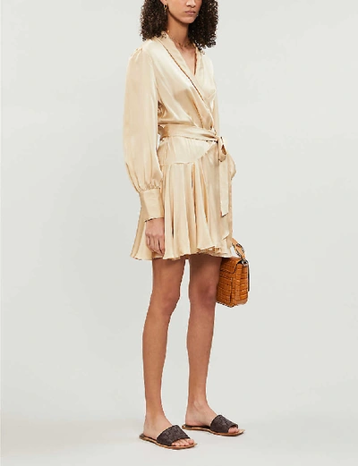 Shop Zimmermann Super Eight Wrap-over Silk-satin Mini Dress In Champagne