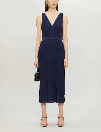 Shop Ted Baker Pleated Tiered Crepe Midi Dress In Navy