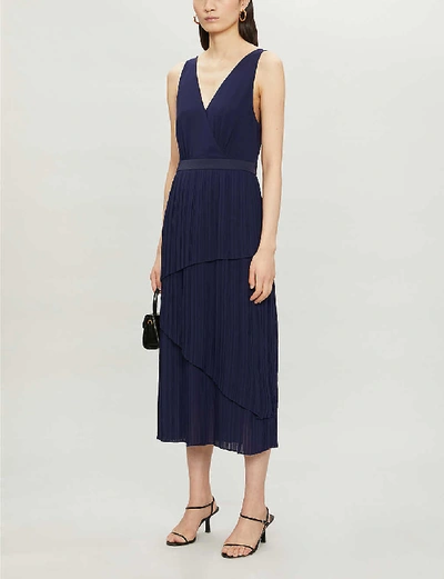 Shop Ted Baker Pleated Tiered Crepe Midi Dress In Navy
