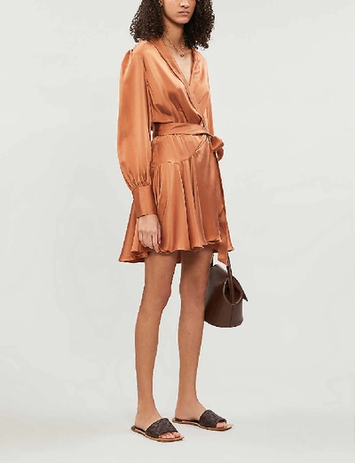 Shop Zimmermann Super Eight Wrap-over Silk-satin Mini Dress In Sandalwood