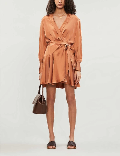 Shop Zimmermann Super Eight Wrap-over Silk-satin Mini Dress In Sandalwood