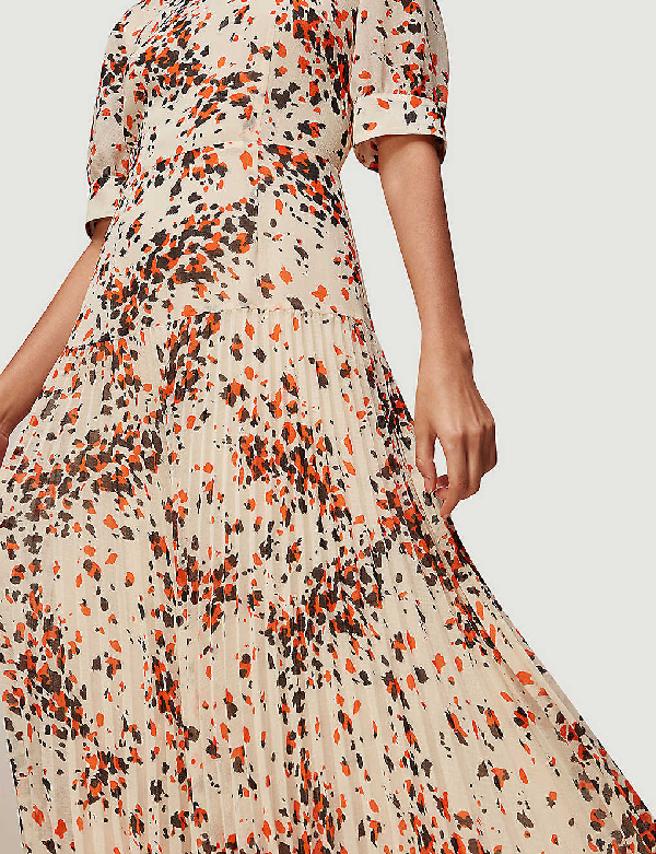 Whistles Mottled Animal Print Pleated Midi Dress In Multi-coloured