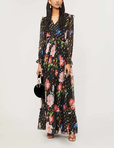 Shop Ted Baker Berry Sundae Metallic-flecked Floral-print Chiffon Maxi Dress In Black