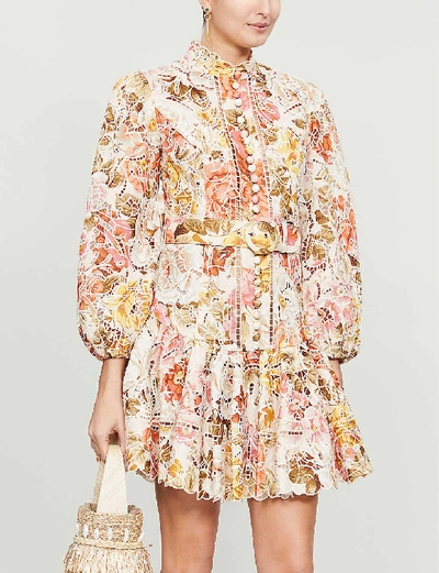 Shop Zimmermann Bonita Floral-print Linen Mini Dress In Cream+floral