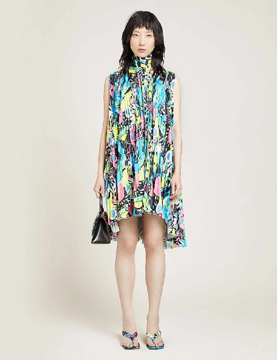 Shop Balenciaga Printed Sleeveless Woven Mini Dress In Black/pink/blue