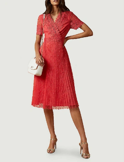 Shop Ted Baker Semi-sheer Floral-lace Midi Dress In Coral