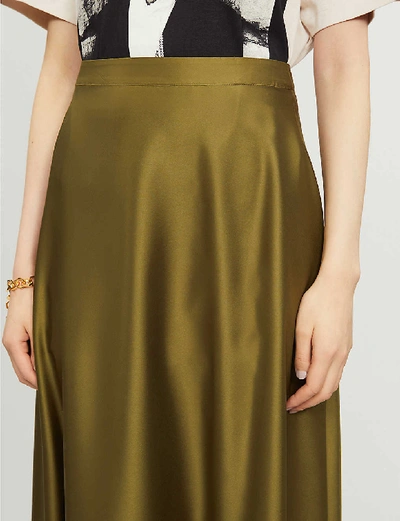 Shop Topshop Flared-hem High-waist Satin Midi Skirt In Khaki