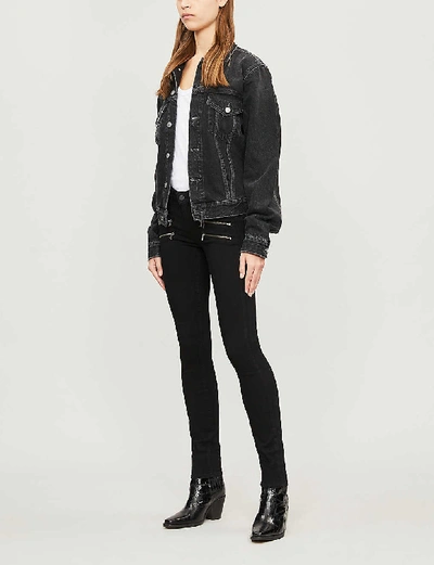 Shop Paige Ladies Black Leather Ripped Denim Edgemont Skinny Mid-rise Jeans, Size: 30 In Black Shadow