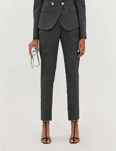 Shop Pinko Tenerezza Tartan High-rise Tapered Stretch-wool-blend Trousers In Mult.nero/grigio