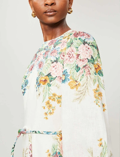 Shop Zimmermann Floral-pattern Puffed-sleeve Linen Mini Dress In Cream+daphne