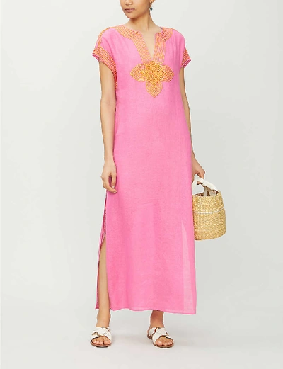 Shop Tory Burch Sleeveless Patterned-piping Linen Kaftan In Fire Pink