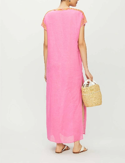 Shop Tory Burch Sleeveless Patterned-piping Linen Kaftan In Fire Pink