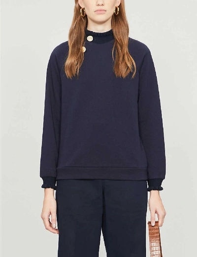 Shop Claudie Pierlot Tapee Button Cotton-blend Sweatshirt In Navy