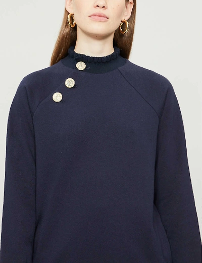 Shop Claudie Pierlot Tapee Button Cotton-blend Sweatshirt In Navy