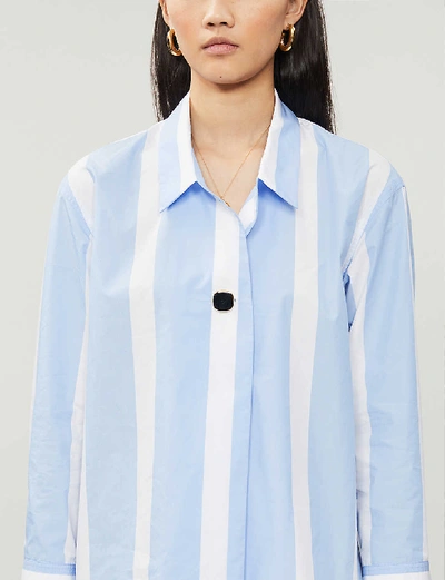 Shop Sandro Button-detail Striped Cotton-blend Shirt In Blue+sky