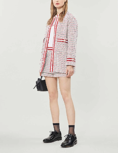 Shop Maje Gerona Cotton-blend Tweed Jacket In Ecru Red Navy