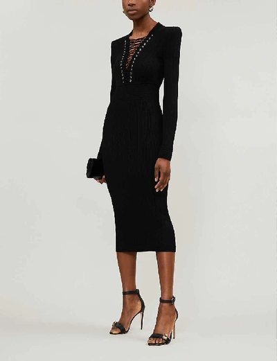 Shop Balmain Lattice-detail Stretch-ponté Midi Dress In Black