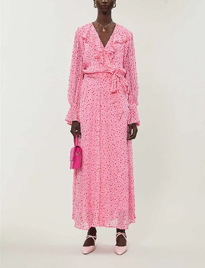 Shop Ghost Su Heart-printed Chiffon Wrap Dress In Pink