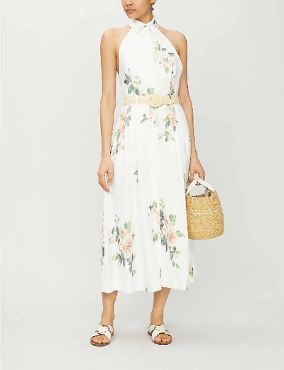 Shop Zimmermann Kirra Floral-print Linen Midi Dress In Ivory Magnolia