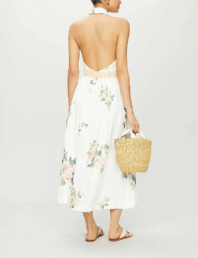 Shop Zimmermann Kirra Floral-print Linen Midi Dress In Ivory Magnolia