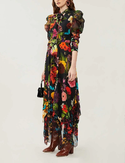 Shop Alice And Olivia Karen Floral-print Satin Midi Dress In Md+garden+floral+leaf