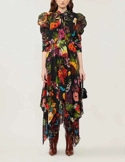 Shop Alice And Olivia Karen Floral-print Satin Midi Dress In Md+garden+floral+leaf