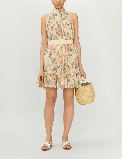 Shop Zimmermann Kirra Belted Floral-print Cotton And Silk-blend Mini Dress In Peach Magnolia