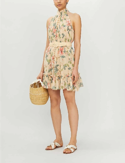 Shop Zimmermann Kirra Belted Floral-print Cotton And Silk-blend Mini Dress In Peach Magnolia