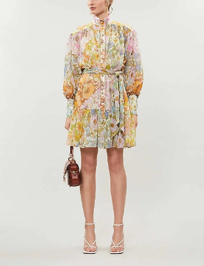 Shop Zimmermann Super Eight Balloon-sleeve Cotton And Silk-blend Mini Dress In Mixed Floral